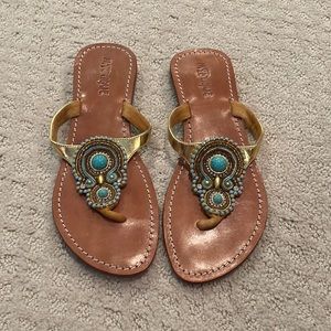 Mystique gold and aqua beaded and rhinestone flip flop sandals